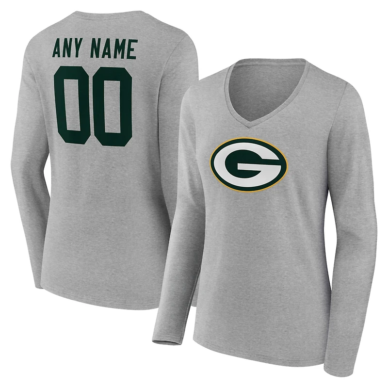 Women's Gray Green Bay Packers Team Authentic Custom Name & Number Long Sleeve V-Neck T-Shirt