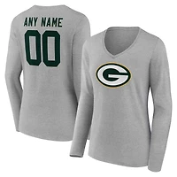 Women's Gray Green Bay Packers Team Authentic Custom Name & Number Long Sleeve V-Neck T-Shirt
