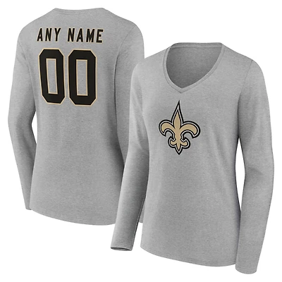 Women's Gray New Orleans Saints Team Authentic Custom Name & Number Long Sleeve V-Neck T-Shirt