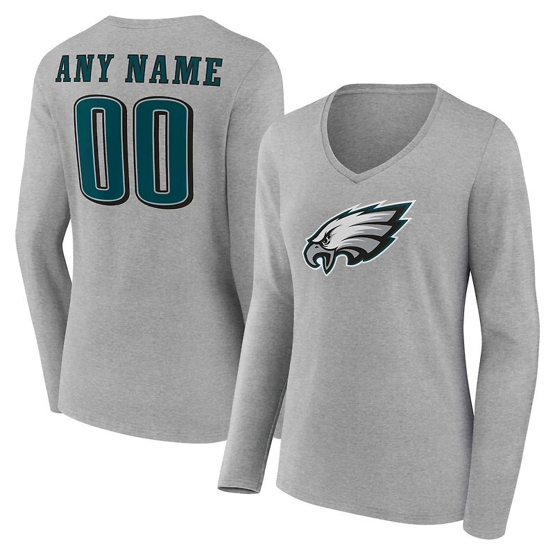 Women's Gray Philadelphia Eagles Team Authentic Custom Name & Number Long Sleeve V-Neck T-Shirt