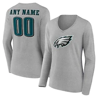 Women's Gray Philadelphia Eagles Team Authentic Custom Name & Number Long Sleeve V-Neck T-Shirt