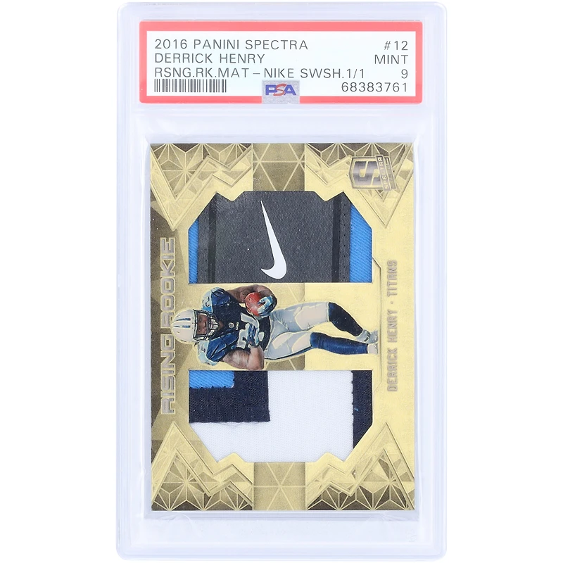 Derrick Henry Tennessee Titans 2016 Panini Spectra Nike Swoosh Dual Relic Gold #12 #1/1 PSA Authenticated 9 Rookie Card