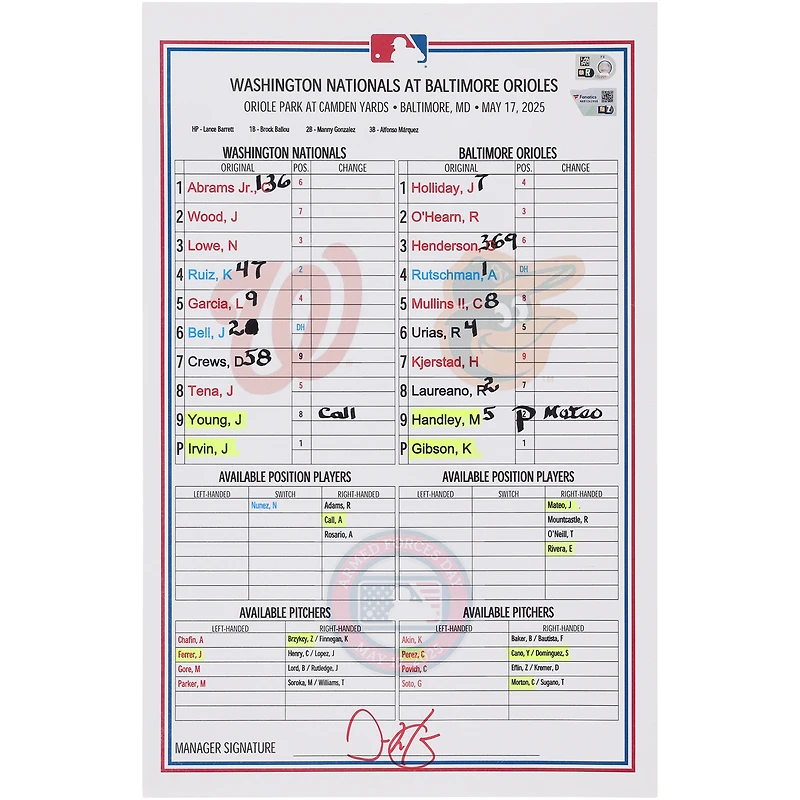 Washington Nationals Game-Used Lineup Card vs. Baltimore Orioles on May 17, 2025