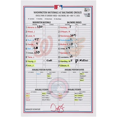 Washington Nationals Game-Used Lineup Card vs. Baltimore Orioles on May 17, 2025