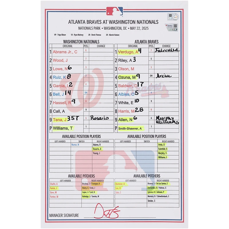 Washington Nationals Game-Used Lineup Card vs. Atlanta Braves on May 22, 2025