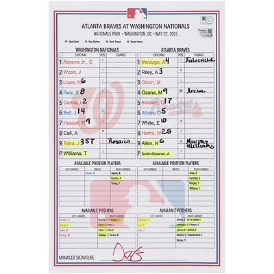 Washington Nationals Game-Used Lineup Card vs. Atlanta Braves on May 22, 2025
