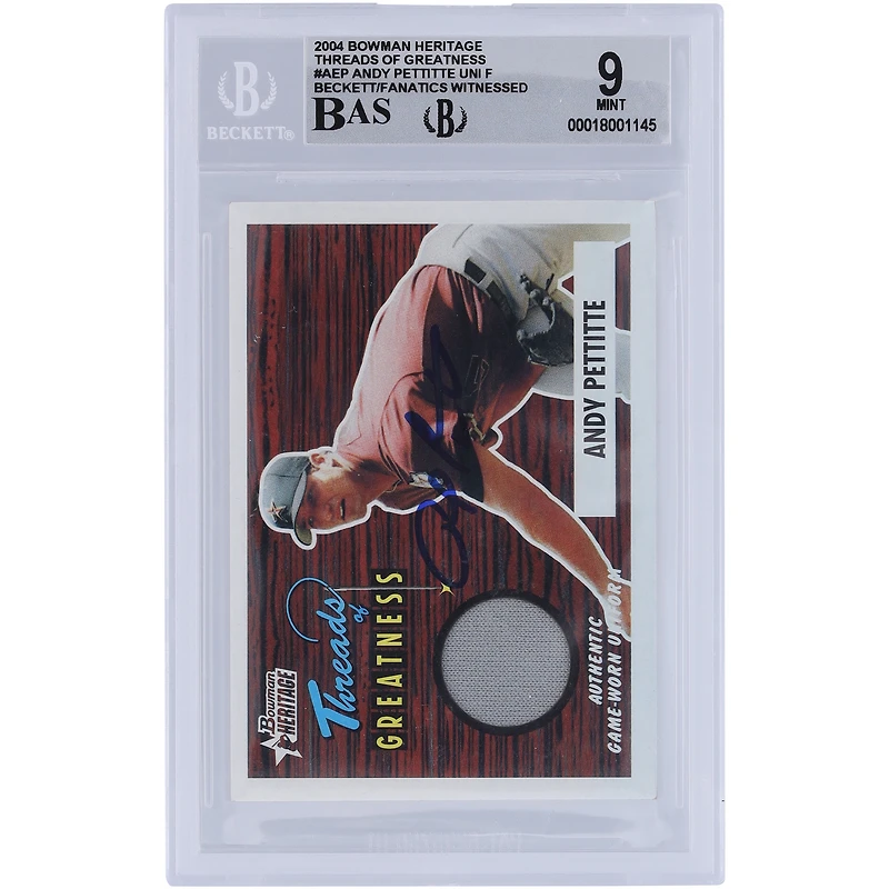 Andy Pettitte Houston Astros Autographed 2004 Bowman Heritage Threads of Greatness Jersey Relic #TR-AEP Beckett Fanatics Witnessed Authenticated 9/10 Card