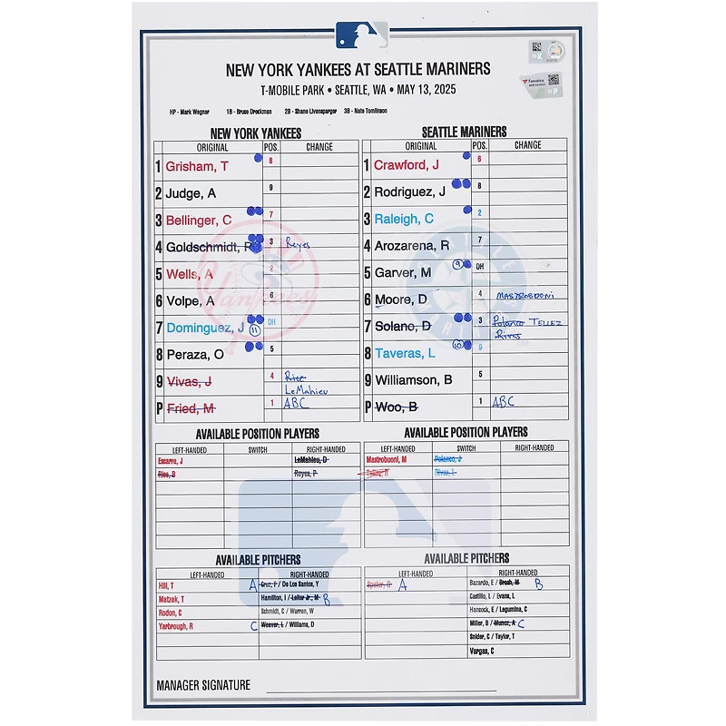 New York Yankees Game-Used Lineup Card vs. Seattle Mariners on May 13, 2025
