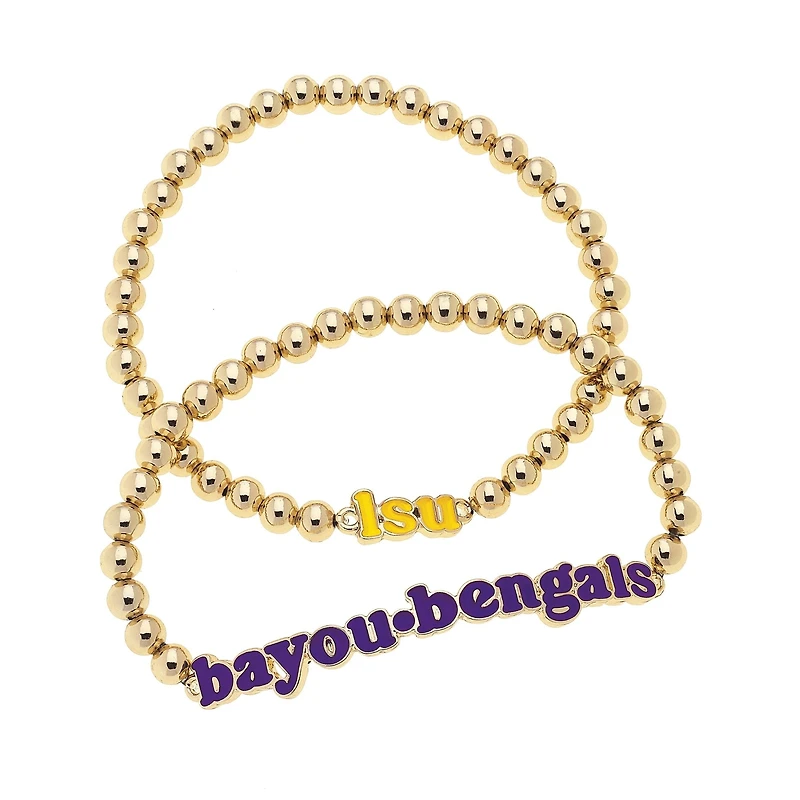CANVAS Style LSU Tigers 18k Gold-Plated Slogan Ball Bead Stretch Bracelets Set of 2