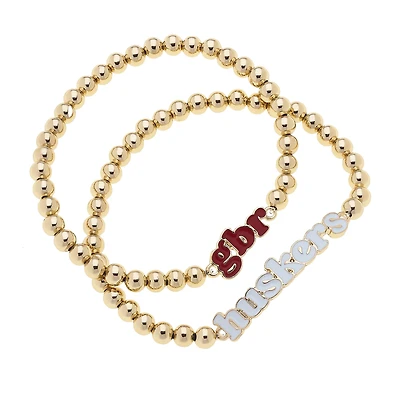 CANVAS Style Nebraska Huskers 18k Gold-Plated Slogan Ball Bead Stretch Bracelets Set of 2