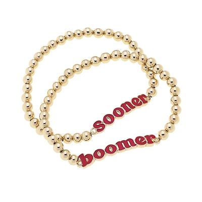 CANVAS Style Oklahoma Sooners 18k Gold-Plated Slogan Ball Bead Stretch Bracelets Set of 2