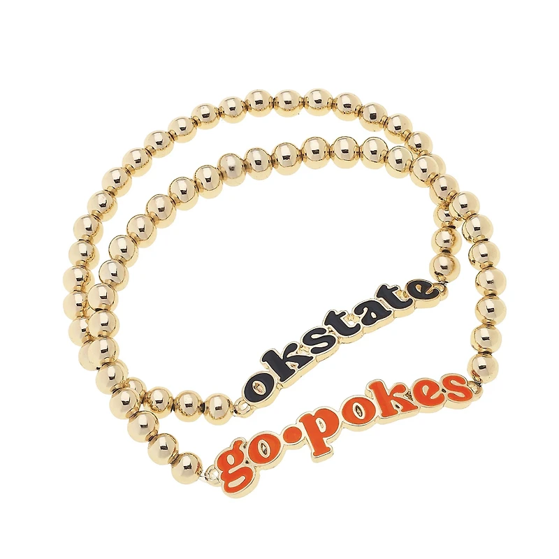 CANVAS Style Oklahoma State Cowboys 18k Gold-Plated Slogan Ball Bead Stretch Bracelets Set of 2
