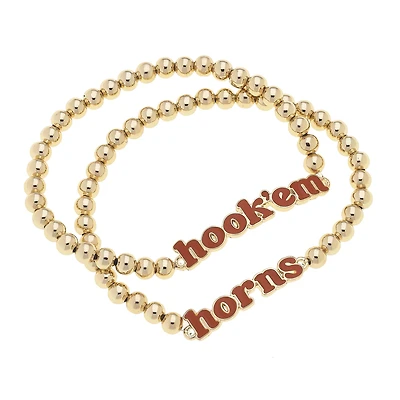 CANVAS Style Texas Longhorns 18k Gold-Plated Slogan Ball Bead Stretch Bracelets Set of 2