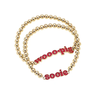CANVAS Style Arkansas Razorbacks 18k Gold-Plated Slogan Ball Bead Stretch Bracelets Set of 2