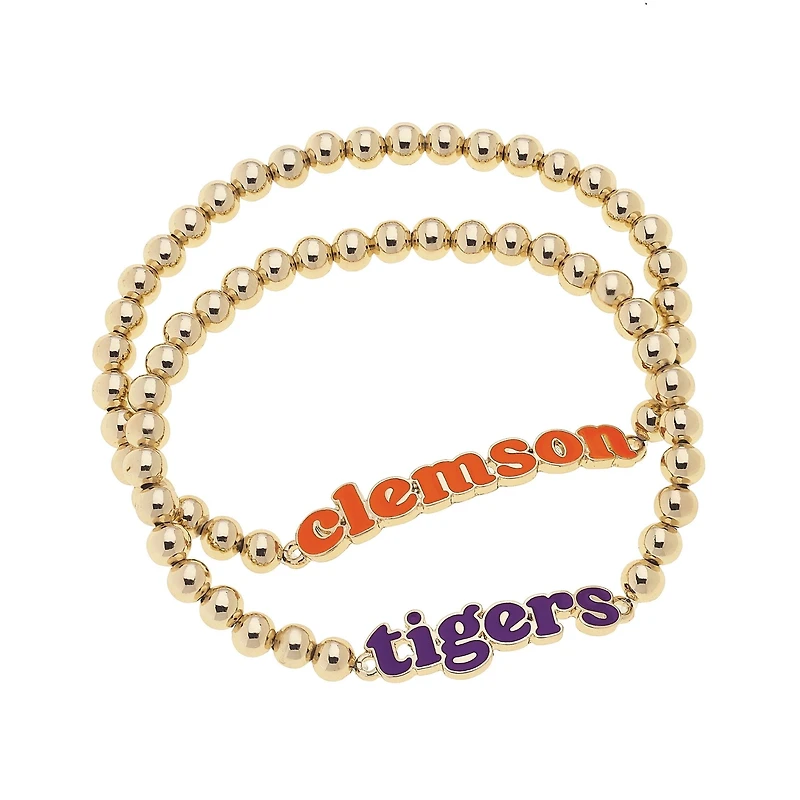 CANVAS Style Clemson Tigers 18k Gold-Plated Slogan Ball Bead Stretch Bracelets Set of 2