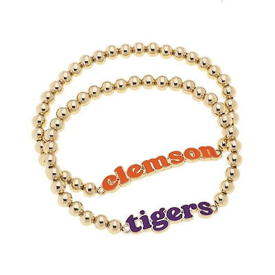 CANVAS Style Clemson Tigers 18k Gold-Plated Slogan Ball Bead Stretch Bracelets Set of 2