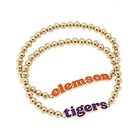CANVAS Style Clemson Tigers 18k Gold-Plated Slogan Ball Bead Stretch Bracelets Set of 2