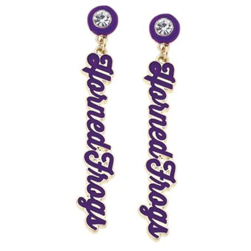 CANVAS Style TCU Horned Frogs 18k Gold-Plated Rhinestone Drop Script Earrings