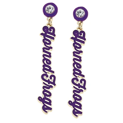 CANVAS Style TCU Horned Frogs 18k Gold-Plated Rhinestone Drop Script Earrings
