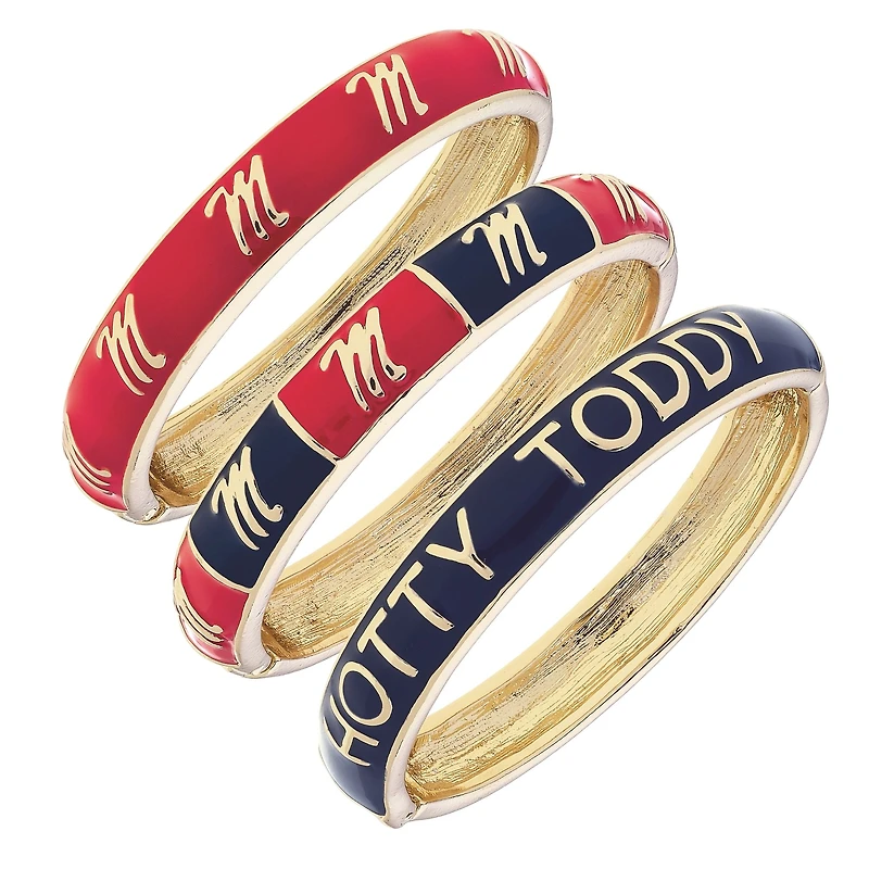 CANVAS Style Ole Miss Rebels 18k Gold-Plated Logo & Slogan Hinge Bangle Set of 3