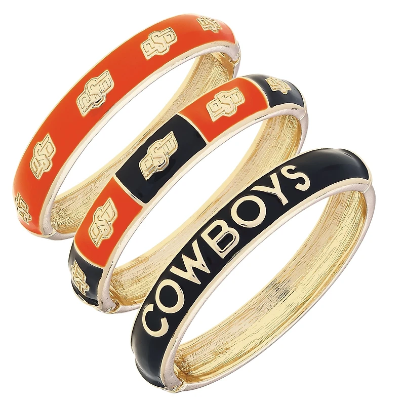 CANVAS Style Oklahoma State Cowboys 18k Gold-Plated Logo & Slogan Hinge Bangle Set of 3