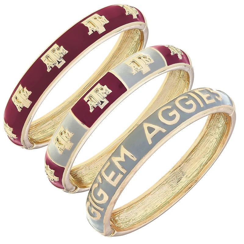 CANVAS Style Texas A&M Aggies 18k Gold-Plated Logo & Slogan Hinge Bangle Set of 3