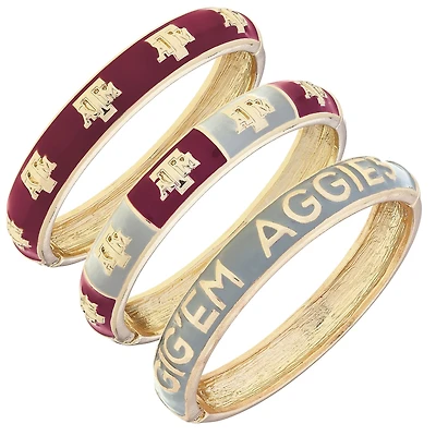 CANVAS Style Texas A&M Aggies 18k Gold-Plated Logo & Slogan Hinge Bangle Set of 3