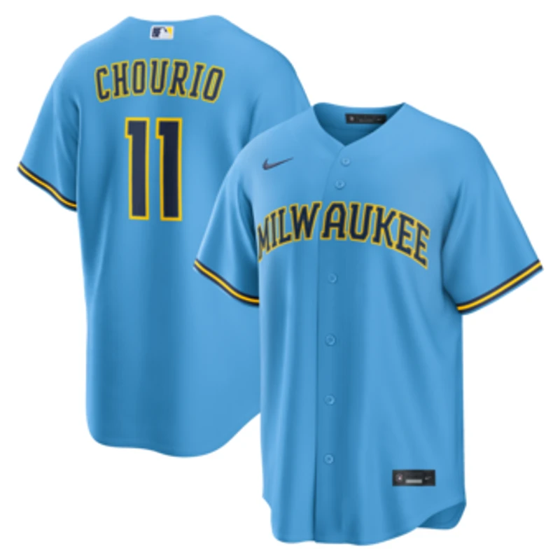 Men's Nike Jackson Chourio Light Blue Milwaukee Brewers Road Replica Jersey