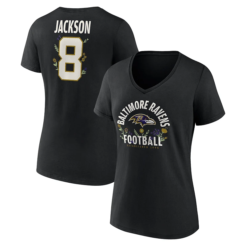Women's Lamar Jackson Black Baltimore Ravens Floral Name & Number V-Neck T-Shirt
