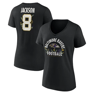 Women's Lamar Jackson Black Baltimore Ravens Floral Name & Number V-Neck T-Shirt