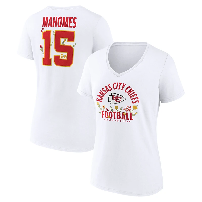Women's Patrick Mahomes White Kansas City Chiefs Floral Name & Number V-Neck T-Shirt
