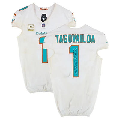 Tua Tagovailoa Miami Dolphins Autographed Game-Used #1 White Nike Jersey vs. Las Vegas Raiders on November 17, 2024 with Multiple Inscriptions