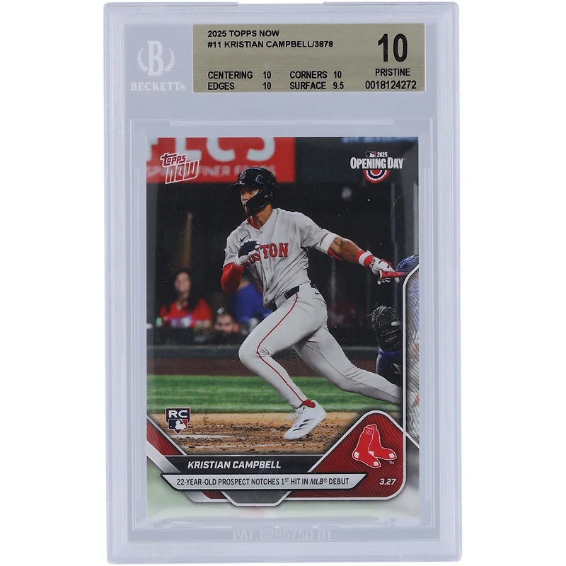 Kristian Campbell Boston Red Sox 2025 Topps Now 22 Year Old Prospect Notches 1st Hit in MLB Debut #11 BGS Authenticated 10 Rookie Card - 10,10,10,9.5 Subgrades