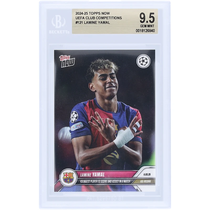 Lamine Yamal Barcelona 2024-25 Topps Now Youngest Player to Score And Assist In A Match #121 BGS Authenticated 9.5 Card