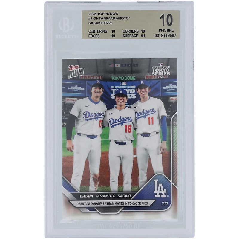 Shohei Ohtani, Yoshinobu Yamamoto & Roki Sasaki Los Angeles Dodgers 2025 Topps Now Debut As Dodgers Teammates In Tokyo Series #7 BGS Authenticated 10 Card - 10,10,10,9.5 Subgrades