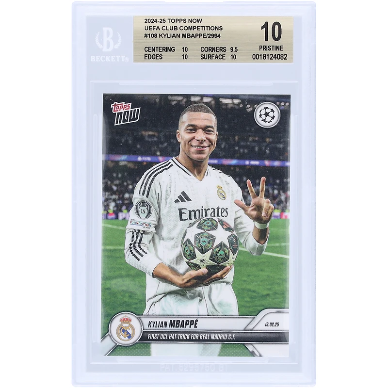 Kylian Mbappé Real Madrid 2024-25 Topps Now First UCL Hat-Trick For Real Madrid C.F. #108 BGS Authenticated 10 Card - 10,9.5,10,10 Subgrades