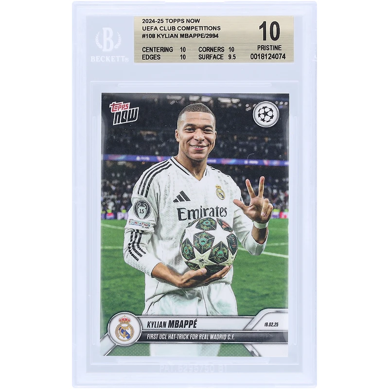 Kylian Mbappé Real Madrid 2024-25 Topps Now First UCL Hat-Trick For Real Madrid C.F. #108 BGS Authenticated 10 Card - 10,10,10,9.5 Subgrades