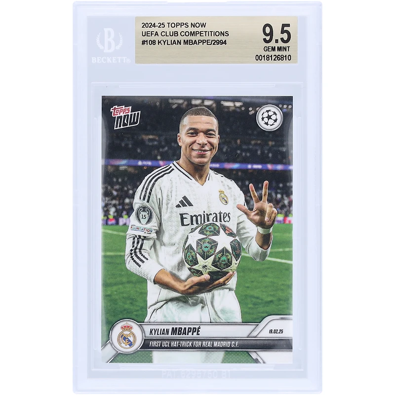 Kylian Mbappé Real Madrid 2024-25 Topps Now First UCL Hat-Trick For Real Madrid C.F. #108 BGS Authenticated 9.5 Card