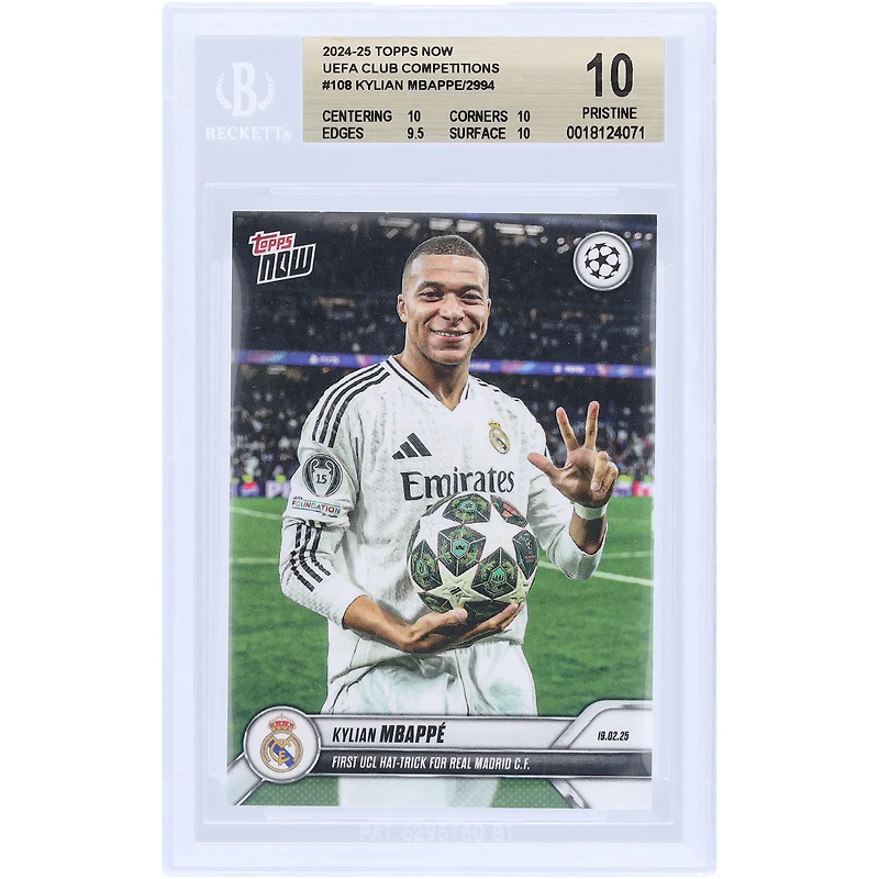 Kylian Mbappé Real Madrid 2024-25 Topps Now First UCL Hat-Trick For Real Madrid C.F. #108 BGS Authenticated 10 Card - 10,10,9.5,10 Subgrades