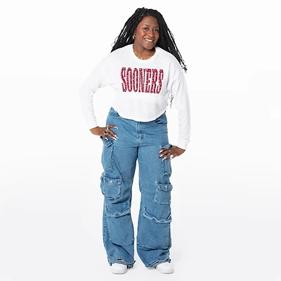 Women's ZooZatz White Oklahoma Sooners Cropped Long Sleeve T-Shirt
