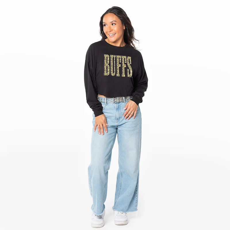 Women's ZooZatz Black Colorado Buffaloes Cropped Long Sleeve T-Shirt