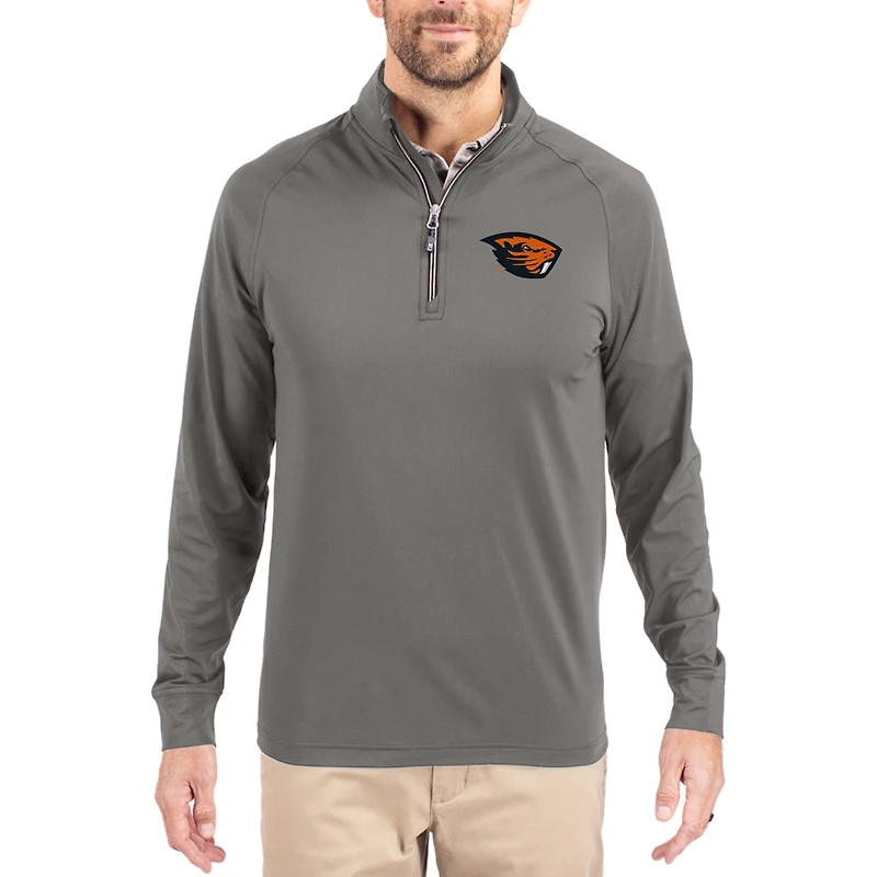 Men's Cutter & Buck Gray Oregon State Beavers Primary Logo Adapt Eco Knit Stretch Raglan Quarter-Zip Pullover