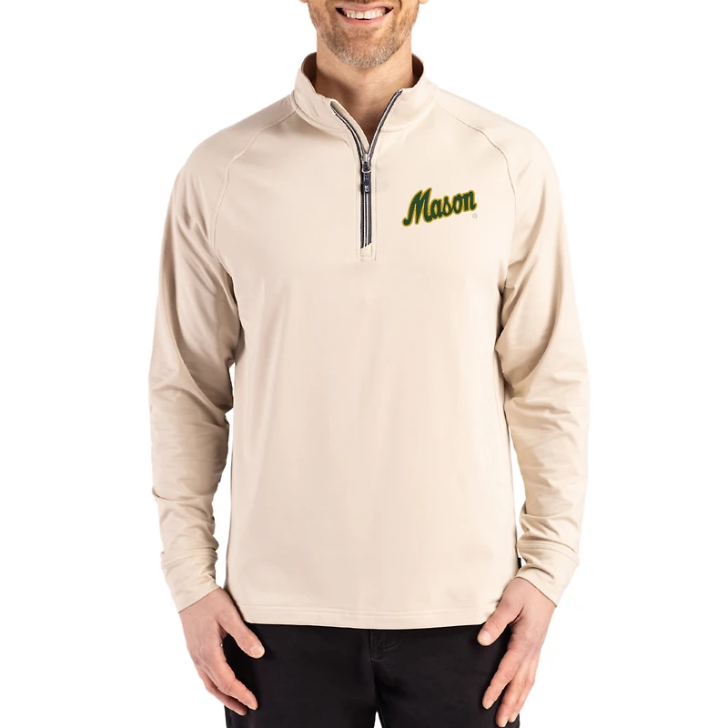 Men's Cutter & Buck Cream George Mason Patriots Vault Logo Adapt Eco Knit Stretch Raglan Quarter-Zip Pullover