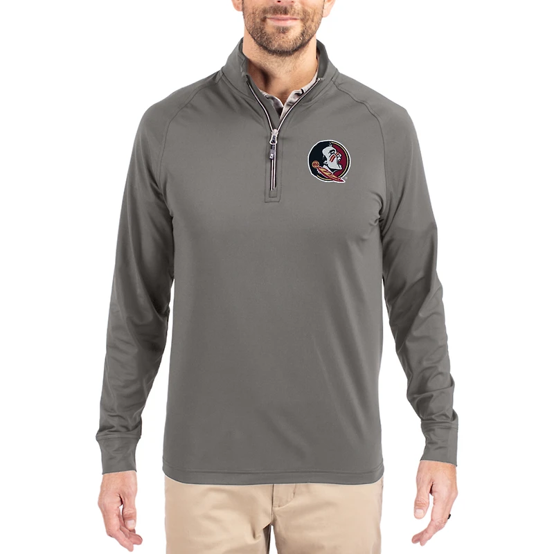 Men's Cutter & Buck Gray Florida State Seminoles Primary Logo Adapt Eco Knit Stretch Raglan Quarter-Zip Pullover