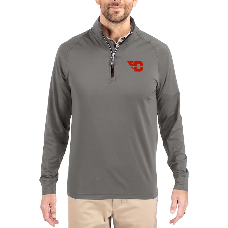 Men's Cutter & Buck Gray Dayton Flyers Primary Logo Adapt Eco Knit Stretch Raglan Quarter-Zip Pullover