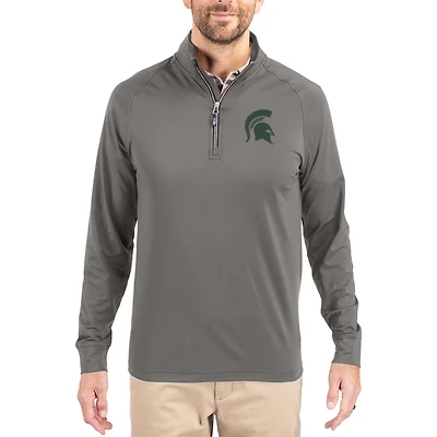 Men's Cutter & Buck Gray Michigan State Spartans Primary Logo Adapt Eco Knit Stretch Raglan Quarter-Zip Pullover