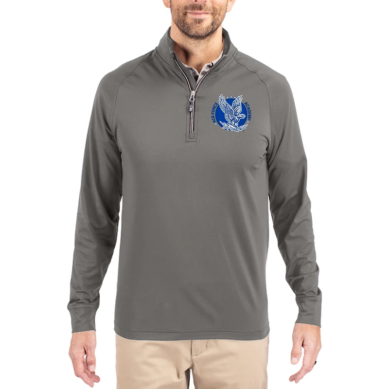 Men's Cutter & Buck Gray Air Force Falcons Vault Logo Adapt Eco Knit Stretch Raglan Quarter-Zip Pullover