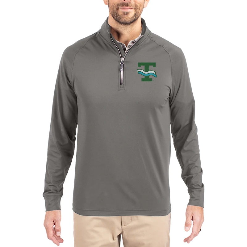 Men's Cutter & Buck Gray Tulane Green Wave Vault Logo Adapt Eco Knit Stretch Raglan Quarter-Zip Pullover