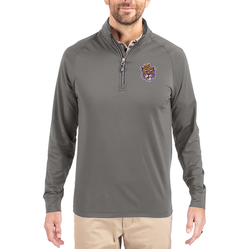 Men's Cutter & Buck Gray LSU Tigers Vault Logo Adapt Eco Knit Stretch Raglan Quarter-Zip Pullover