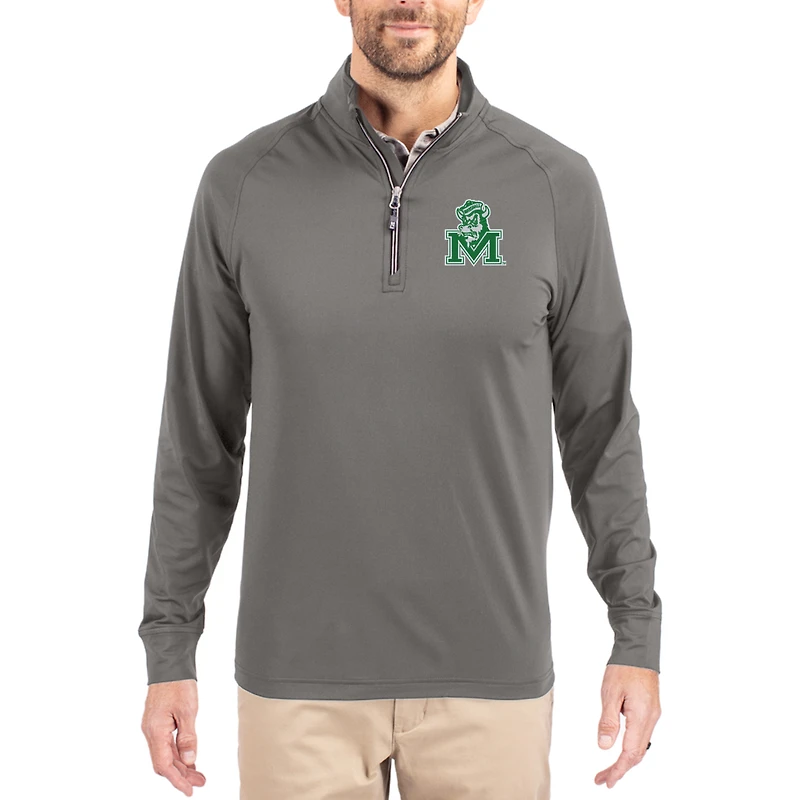 Men's Cutter & Buck Gray Marshall Thundering Herd Vault Logo Adapt Eco Knit Stretch Raglan Quarter-Zip Pullover